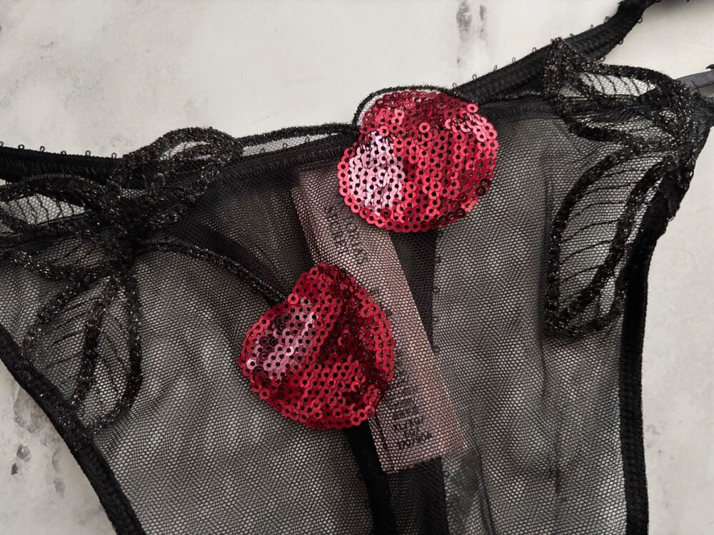 Victoria's Secret Thong Panty Very Sexy High Leg Red Mesh Sequin Cherry XL
